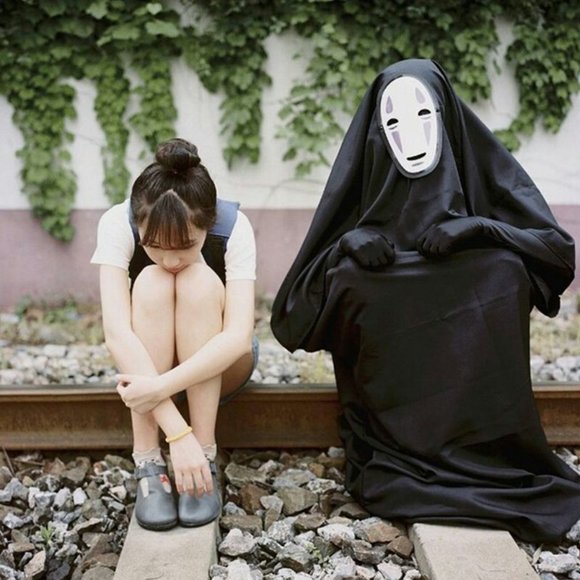 Manga Kaonashi No Face Cosplay Costume Halloween Cloak Outfit + Gloves Mask Set - Picture 11 of 11